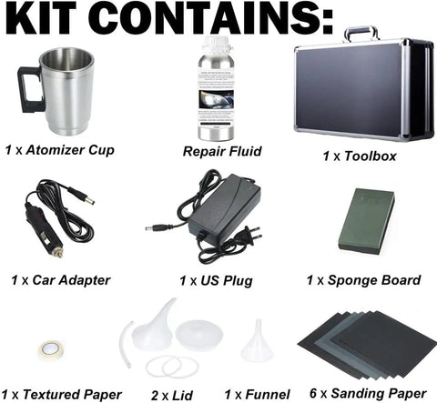 Headlight Restoration Kit For Cars With 200ml Repair Liquid, polishing cup, sandpaper, storage box, 110V power supply components