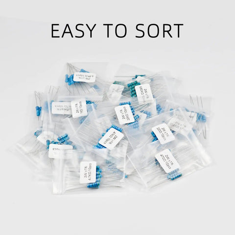 Pro Grade 2W Metal Film Resistor Assorted Kit in labeled bags, showing organization and ±1% tolerance, easy sort storage