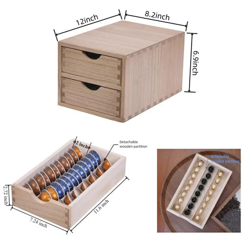 Double Tier Wooden Coffee Maker Stand With Pull Out Storage Drawer For K Cups And Capsules Countertop Brew Organizer Rack with dimensions.