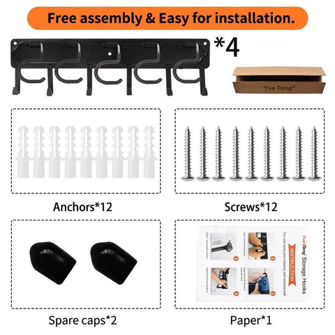 All Metal Garage Tool Organizer Wall Mount Rack 3 Pack Heavy Duty Storage with screws, anchors, caps, and instruction guide