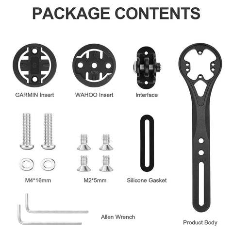 Aero Integrated Out Front Handlebar Mount System for Bikes, package contents with inserts, screws, allen wrench, and gasket