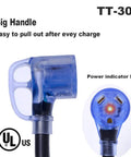 Heavy Duty 50 Foot RV Extension Cord TT30P To TT30R 30Amp With LED Indicator, showing big handle and UL listing