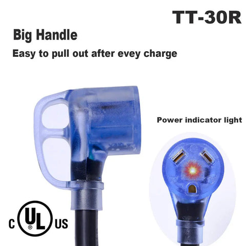 Heavy Duty 50 Foot RV Extension Cord TT30P To TT30R 30Amp With LED Indicator, showing big handle and UL listing