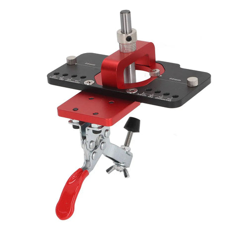 Rock Solid 35mm Aluminum Hinge Jig Kit For Cabinet Doors Accurate Locking Guide with adjustable clamps and red lever.