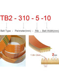 TB2 Transit Drive Belt 8 Rib 16mm Wide Fits TB2-310 Through TB2-430 Series diagram of belt type, perimeter, rib, and width