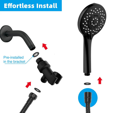 Installation diagram of High Pressure 5 Function Handheld Shower Head With 70 Inch Stainless Steel Hose Matte Black Finish.