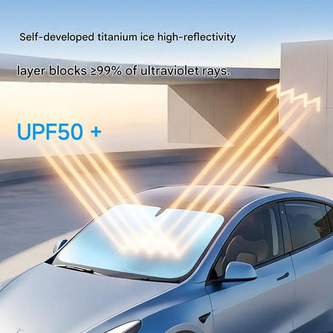 Premium Foldable Front Windshield Sunshade For Tesla Cybertruck And Cyberbeast Blocks Scorching Sunlight with UV protection.