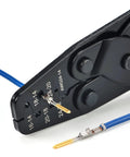 Close-up of Open Barrel Terminal Crimping Tool For Deutsch DT Series Pro AWG14 To AWG24 with wire inserted in crimp station.
