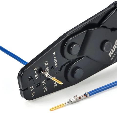 Close-up of Open Barrel Terminal Crimping Tool For Deutsch DT Series Pro AWG14 To AWG24 with wire inserted in crimp station.