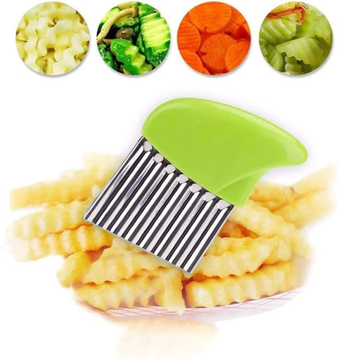 Green plastic-handle crinkle cutter with stainless steel blade for potatoes and carrots