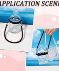 Two glass bottles with 3 Pack Water Bottle Handle Straps Set in Pink White Black, showcasing silicone sling carriers.
