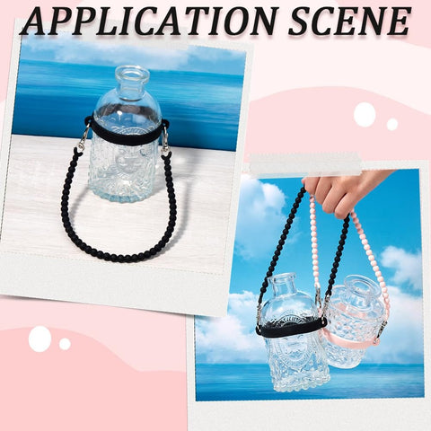 Two glass bottles with 3 Pack Water Bottle Handle Straps Set in Pink White Black, showcasing silicone sling carriers.