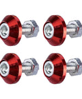 Heavy Duty Premium Red Aluminum Alloy Motorcycle License Plate Bolts 4 Piece Set showing red anodized fasteners with silver screws.