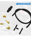 Front view of UHANBUT fuel pump and vacuum tester kit components: black hose coil, brass fittings, and plastic adapters.