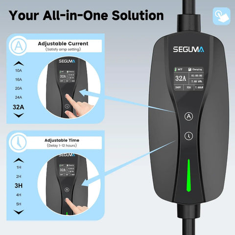 Tesla Level 2 EV Charger 32Amp 240V 7.68kW NACS Compatible NEMA 14-50 Plug Adjustable Current settings display