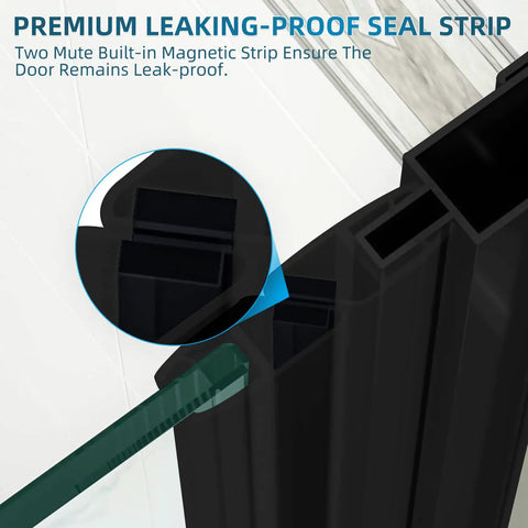 Close-up of premium leaking-proof seal strip on Slick Matte Black Frameless Pivot Shower Door Featuring Thick Clear Tempered Glass.