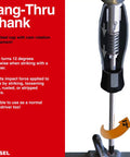Diagram showcasing the Megadora Impacta Screwdriver's tang-thru shank and hammer strike rotation feature at 12 degrees.