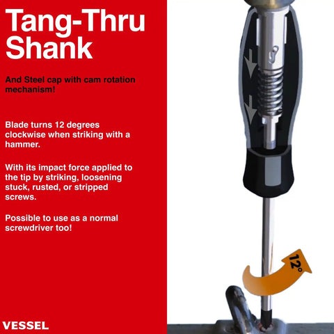 Diagram showcasing the Megadora Impacta Screwdriver's tang-thru shank and hammer strike rotation feature at 12 degrees.