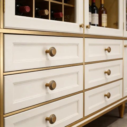 Retro Brass Cabinet Hardware Set With Greek Key Knobs And Hammered Texture on white kitchen drawers with zinc alloy pulls