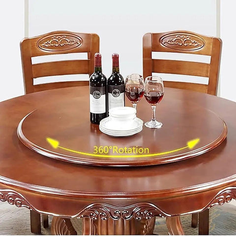 32 Inch Large Wooden Lazy Susan Turntable 360 Degree Rotating Serving Tray on dining table with wine and plates