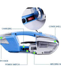Close-up view of Heavy Duty Electric Strapping Machine Automatic Hot Welding Tool showcasing charging port, power switch, and welding motor details.