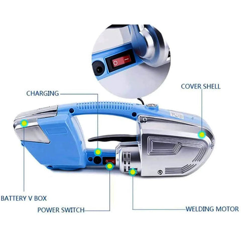 Close-up view of Heavy Duty Electric Strapping Machine Automatic Hot Welding Tool showcasing charging port, power switch, and welding motor details.