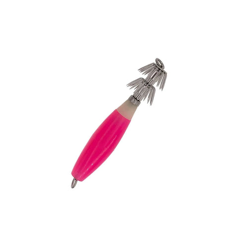 3.75 Inch Pink Fluorescent Squid Jigs Kit With Swivel Hook Assembly, glow PVC body, dual sharp hooks for night fishing.