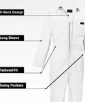 Tough As Nails Long Sleeve Coveralls For Men Heavy Duty Work Jump Suit Featuring Six Spacious Utility Pockets And A Secure Crew Fit In Crisp White Large Size showing V-neck, long sleeve design, tailored fit, and swing pockets.