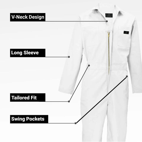 Tough As Nails Long Sleeve Coveralls For Men Heavy Duty Work Jump Suit Featuring Six Spacious Utility Pockets And A Secure Crew Fit In Crisp White Large Size showing V-neck, long sleeve design, tailored fit, and swing pockets.