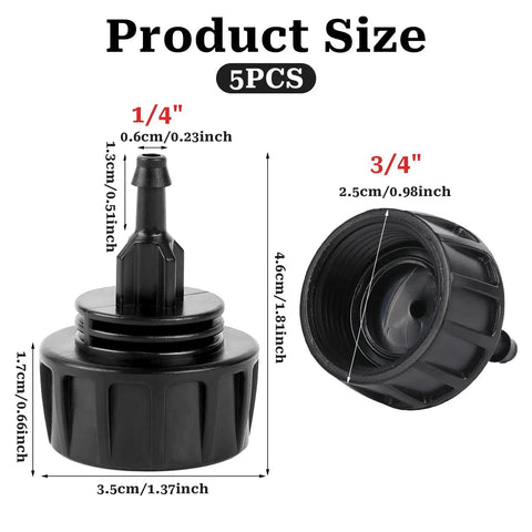 Five Pack One Quarter Inch Drip Irrigation Tubing To Faucet And Garden Hose Adapters Quick Connect Fittings Three Quarter Inch Garden Hose To One Quarter Inch Drip Tube For Easy DIY Irrigation System. Black plastic connectors with dimensions.