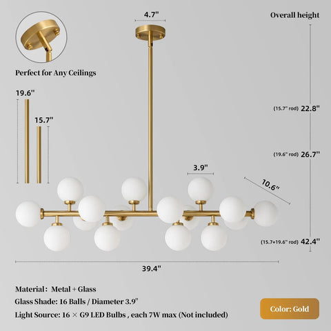 Mid Century Modern Sputnik Chandelier With 16 Lights Brushed Brass Arms And Frosted Milk Glass Shades For Kitchen Or Dining Room That Hits Different And Brings Major Vibes dimensions and design details