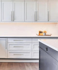 2 Pack 8 Inch Hole Center Brushed Satin Nickel Cabinet Pulls Heavy Duty Solid Metal Hardware for Kitchen Cabinets Installed View
