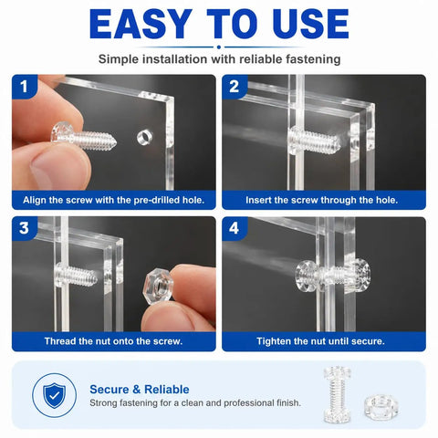 Dope Transparent M4x12mm Acrylic Screws With Matching Hex Nuts Kit No Sweat Assembly Sweet For DIY Model Building Display Cases showing installation steps.