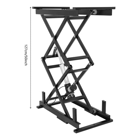 Heavy Duty Electric Scissor Lift Table Rises Smooth With Hydraulic Pump For Factory Work And Warehouse Lifting Up To 140 Pounds Of Steel Goods Or Equipment Effortlessly Today, side view.