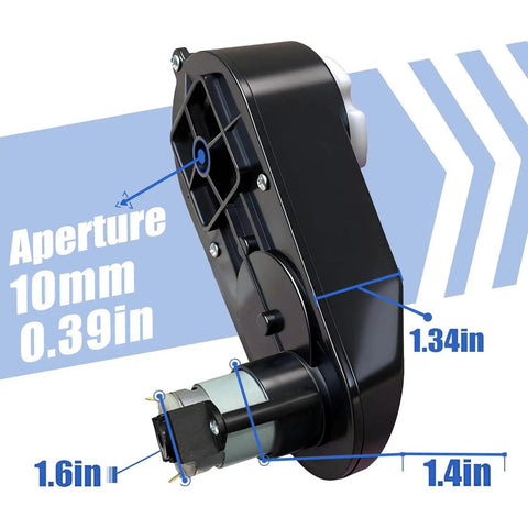Close-up of black Two Pack RS390 6V 18000RPM Miniature DC Motor With Gearbox Upgrade, showing dimensions and aperture size.