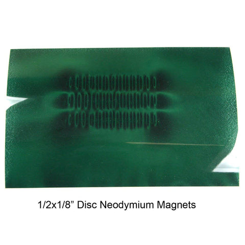 Green Magnetic Viewing Film 4x6 Inches For Quick Magnetic Field Visualization showing magnetic field pattern from disc magnets.