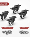 Set of four 3-inch swivel caster wheels with brakes, black housings and silver wheels, mounting plates.
