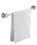 No Drill 24 Inch Suction Cup Towel Bar Brushed Nickel For Bathroom And Shower Door Adhesive Towel Rack With white towel displayed