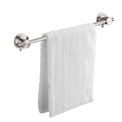No Drill 24 Inch Suction Cup Towel Bar Brushed Nickel For Bathroom And Shower Door Adhesive Towel Rack With white towel displayed