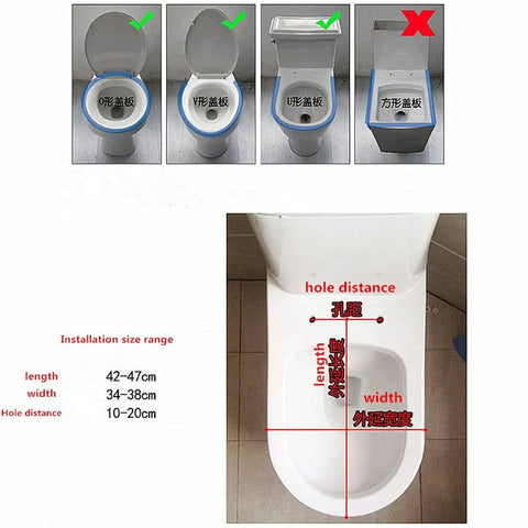 Installation guide showing compatible toilet shapes and measurements for Premium Slow Close Toilet Seat Crafted From Solid Wood With Real Bark Veneer.