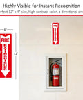 Self Adhesive Fire Extinguisher Sign 12 By 4 Inches Durable PVC Sticker shown on wall and in hand