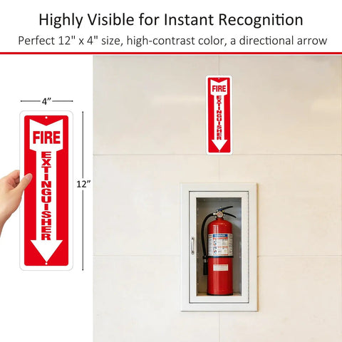 Self Adhesive Fire Extinguisher Sign 12 By 4 Inches Durable PVC Sticker shown on wall and in hand