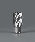 Front view of a silver 3/4-in annular cutter with Weldon shank and spiral flutes