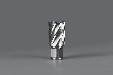 Front view of a silver 3/4-in annular cutter with Weldon shank and spiral flutes