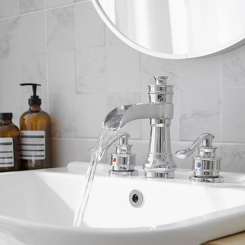 8 Inch Widespread Bathroom Faucet With 3 Hole Mount Two Handle Brass Waterfall Sink Faucet Polished Chrome With Pop Up Drain