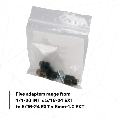 Foam Backing Sanding Disc Pad Kit adapters bag with five connectors for varied tool fits, enhancing vacuum sanding efficiency.