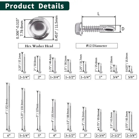 Rock Solid Size 12 X 6 Inch Hex Washer Head Self Drilling Screws Pack Of 20 Premium 410 Stainless Steel Tek Fasteners dimensions chart.