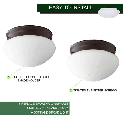 Installation guide for 10 Inch White Classic Globe Glass Shade Dome For Pendant Lights And Ceiling Fans Replacement Mushroom Shade shown.