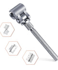 Universal Stainless Steel Door Hinge Adjustment Tool, Quick Fix Hinge Wrench for sagging doors displayed with stainless hinge