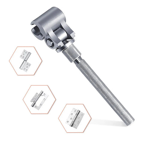Universal Stainless Steel Door Hinge Adjustment Tool, Quick Fix Hinge Wrench for sagging doors displayed with stainless hinge